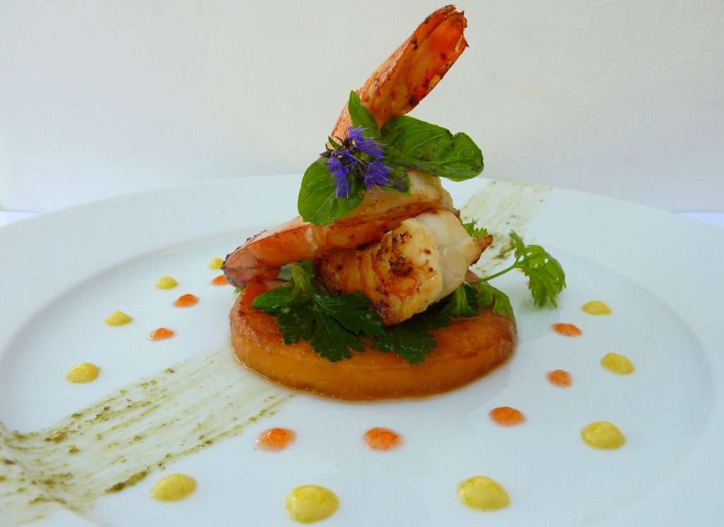 Palet de melon de Nérac rôti, gambas au Yuzu